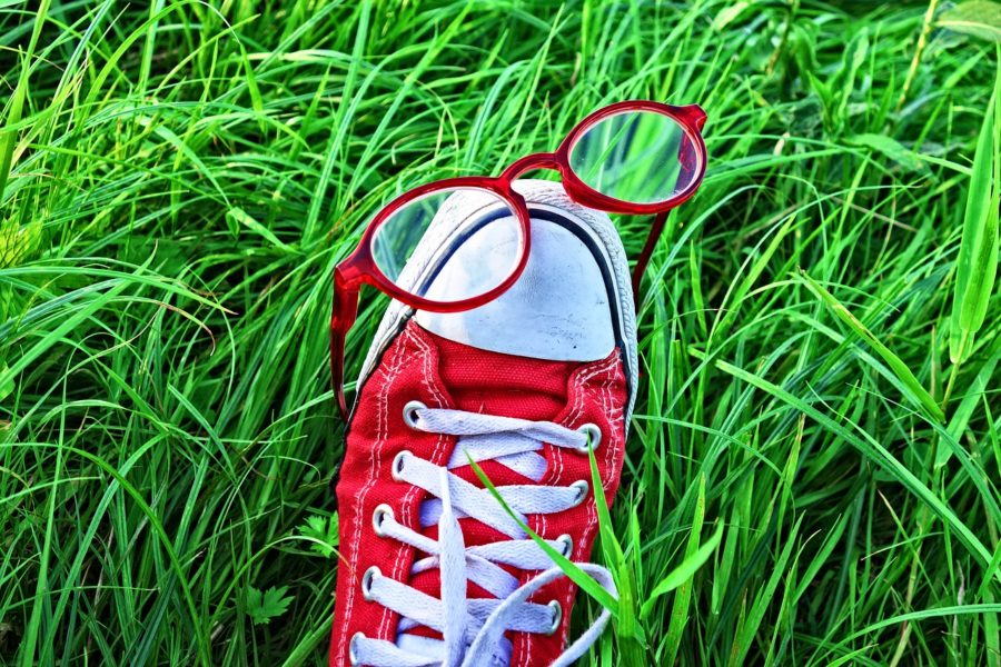 Red sneakers with eyeglasses on grass